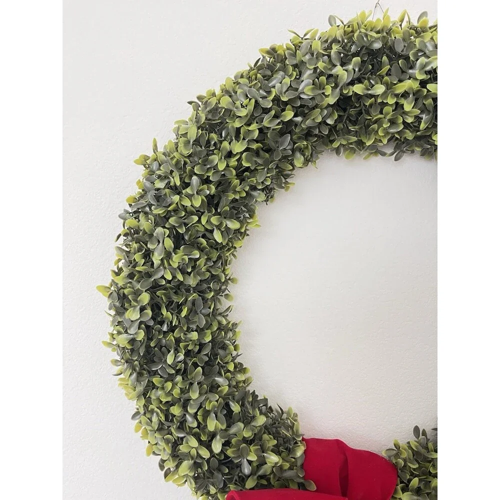 Christmas Boxwood Wreath Door Decoration, Green Foliage with Red Velvet Bow